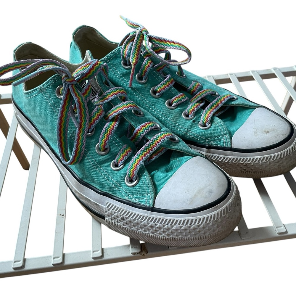 Converse Teal Sneakers with Rainbow Laces